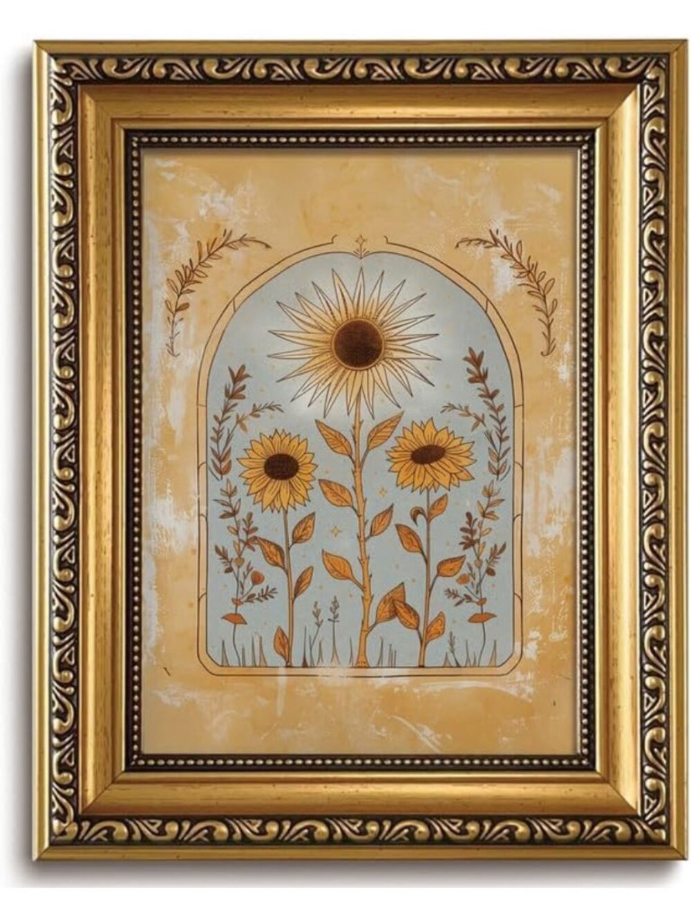 Vintage Yellow Sunflower Wall Art | Gold Framed Boho Botanical Decor